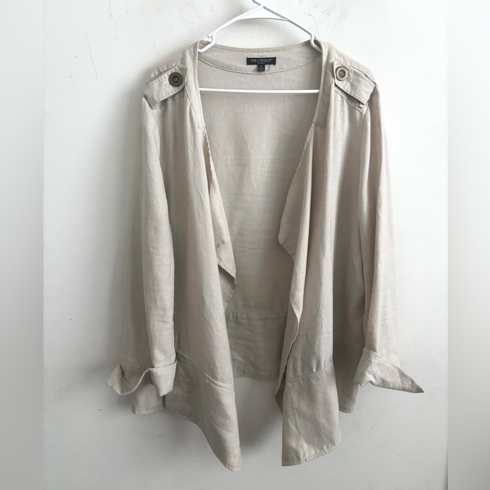 For Cynthia Linen Waterfall Jacket  1X  Beige Neutral Coastal Old Money Layering